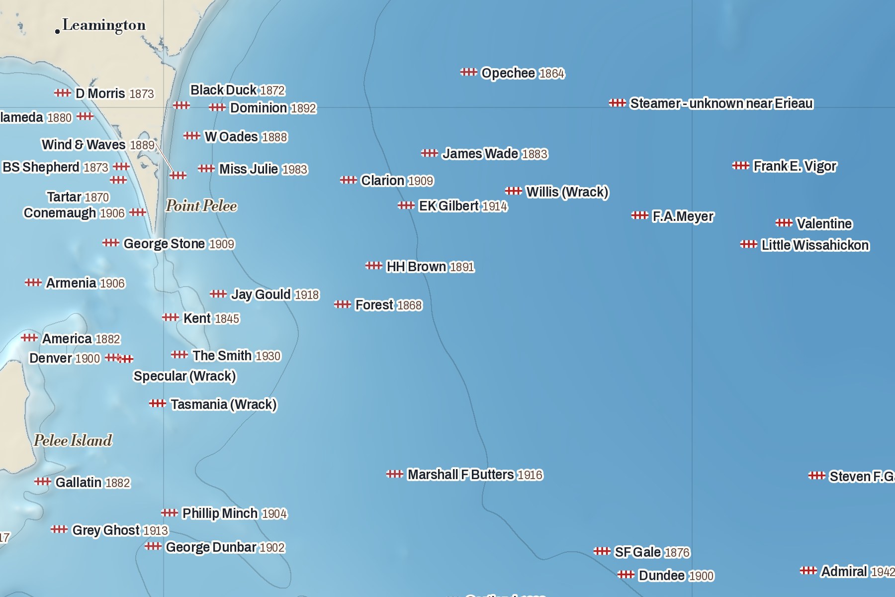 Close-up of the print around Point Pelee and Pelee Island, with dozens of named wrecks and their years.