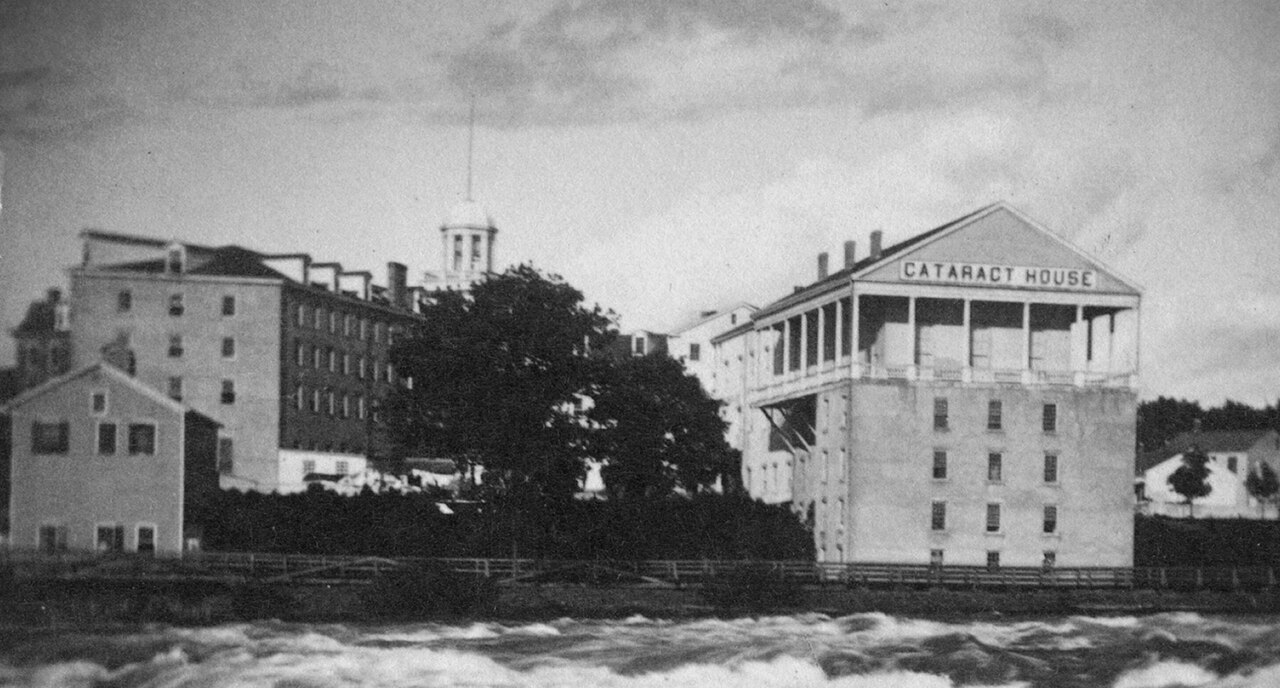 The Cataract House hotel beside the rapids, circa 1860